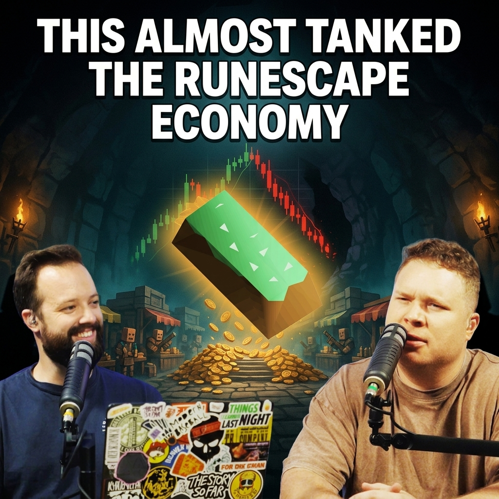 A mint cake behind comedy podcasters jaron myers and tim stone with a banner that reads "this almost tanked the runescape economy"