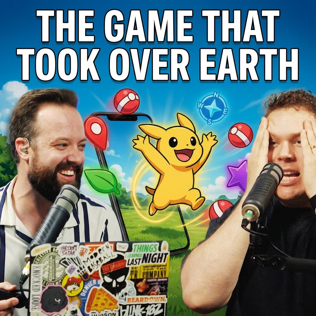 A pokemon go-like app behind comedy podcasters jaron myers and tim stone with a banner that reads "the game that took over earth"