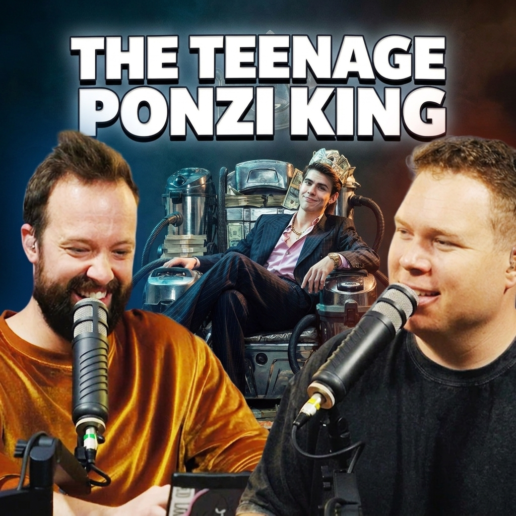 A teenager on vacuum throne behind comedy podcasters jaron myers and tim stone with a banner that reads 'the teenage ponzi king'