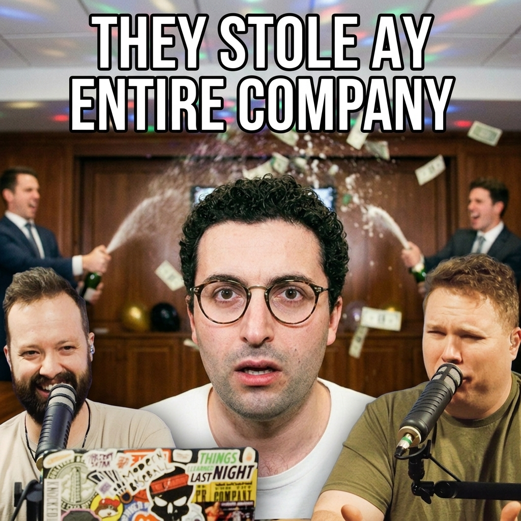 Joachim Posener the architect of the trustor affair in front of two business men spraying money in the air all behind comedy podcasters jaron myers and tim stone with a banner that reads 'they stole a entire company'