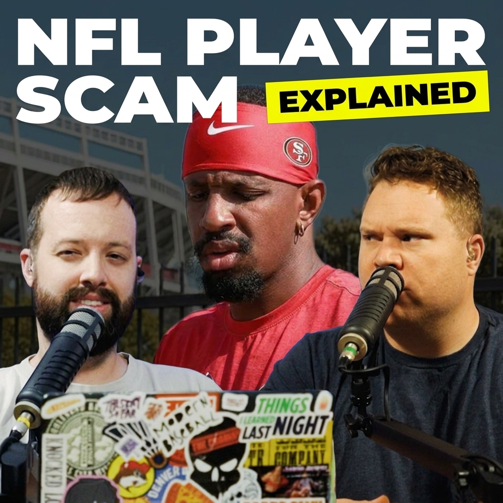 daejon love behind comedy podcasters jaron myers and tim stone with a banner that reads 'nfl player scam explained'