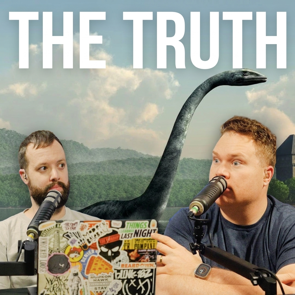 the loch ness monster behind comedy podcasters Jaron Myers and Tim Stone with a banner that reads "The Truth"