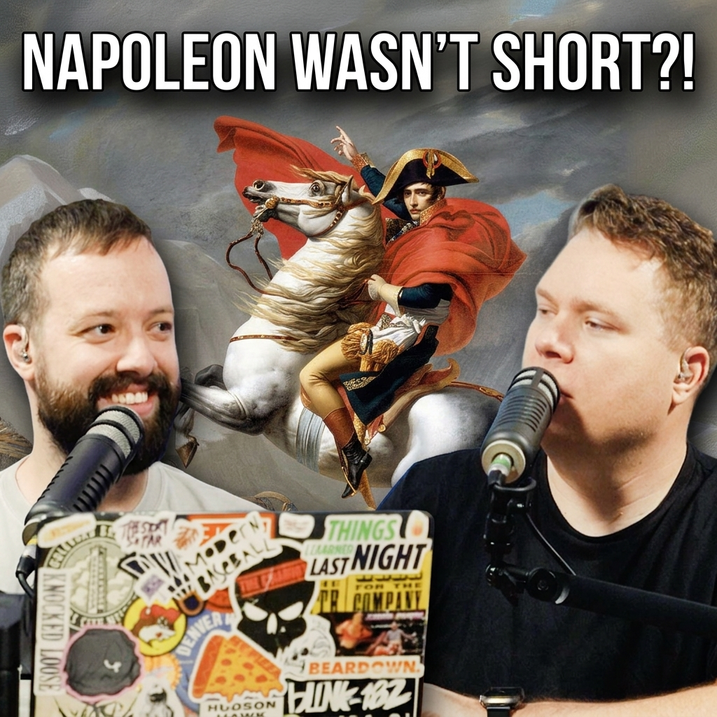 comedy podcasters jaron myers and tim stone in front of a famous painting of napoleon bonaparte with a banner that reads "napoleon wasnt short?!"